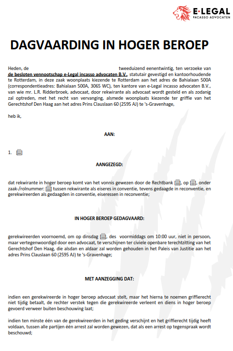 dagvaarding hoger beroep